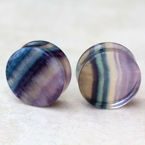 Pierced Owl Natural Rainbow Fluorite Stone Double Flared Plugs, Sold as a Pair - style: 10mm (00GA)