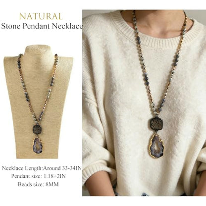 Yomisa Long Necklaces for Women Trendy, 33/34/35 inch | Boho Beaded Necklaces for Women, Natural Stone Pendant, Handmade Knotted Bead, Bohemian Holiday Summer Western Charm Jewelry - color: 34inch-Dalmatian Stone