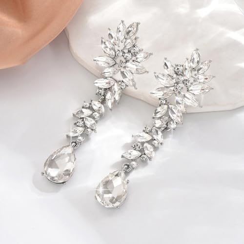 Silver Rhinestone Wedding Earrings for Women,Silver Sparkling Crystal Chandelier Earrings,Formal Cocktail Prom Teardrop Dangle Drop Statement Jewelry - color: Silver