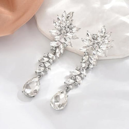 Silver Rhinestone Wedding Earrings for Women,Silver Sparkling Crystal Chandelier Earrings,Formal Cocktail Prom Teardrop Dangle Drop Statement Jewelry - color: Silver