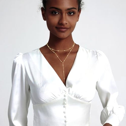 Zeffy Lariat Gold Necklace for Women, Dainty Long Necklace 14k Gold/Silver Plated Layered CZ Beaded Bar Chain Y-Shaped Body Chain Stack Drop Wedding Necklace Trendy Simple Gold Jewelry Gifts - color: Gold Bar Y Necklace(1PCS）