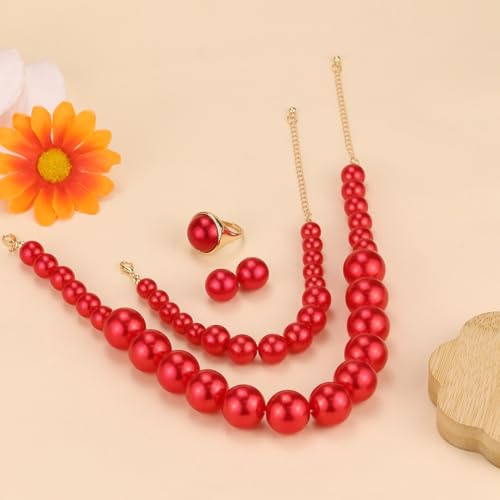 Prom Jewelry Set for Women Pearl Jewelry Sets Pearls Necklace Earrings Bracelet Ring Sets Faux Pearls Bridesmaid Bridal Wedding Prom Outfits Jewelry Sets - color: Red