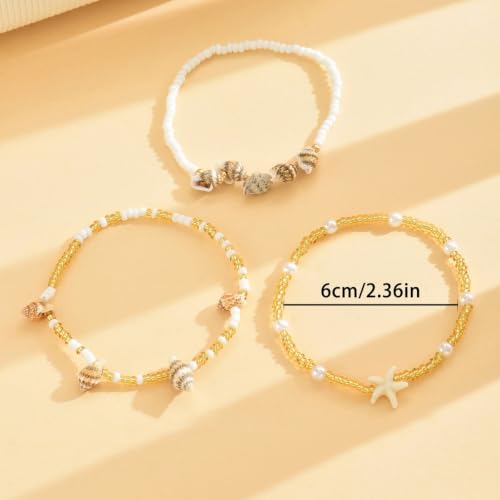 DATOA Boho Ankle Bracelets Set for Women Layered Beaded Seashell Turtle Conch Foot Chain Hawaiian Summer Beach Anklet Vacation Jewelry - color: 3Pcs White