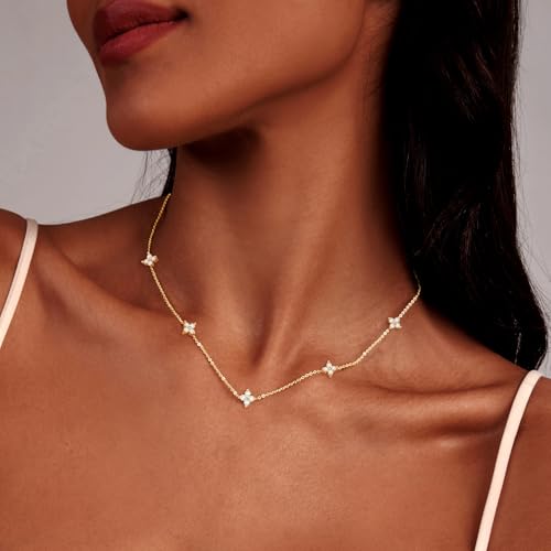 Luxval Diamond Pendant Gold Necklace for Women，Dainty 18k Gold Plated Choker Necklaces Simple Gold Jewelry Gifts for Women - color: Gold-5 CZ flower