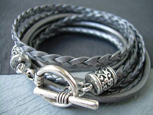 Womens Bracelet, Womens Leather Bracelet, Leather Bracelet, Wrap Bracelet, Leather Bracelet, Women's Metallic Gray Triple Wrap Leather Bracelet