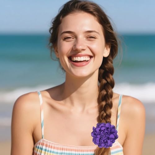 Satin Rose Flower Brooch Hair Clip for Women 4.3 Inch Floral Pin for Hats Dress Everyday Outfits Beach Vacations - color: Purple