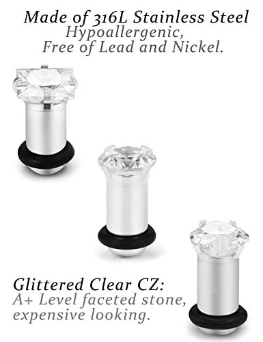 8G 6G 4G 2G 0G 1/2 inch Stainless Steel Ear Gauges - Round, Square, Heart, Cubic Zirconia - 3mm to 12mm - Silver, 3 Pairs - color: Gauge=4g=5mm