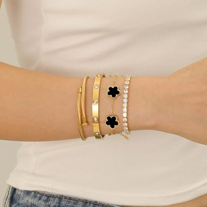 Gold Bracelets for Women, 18K Gold Plated Women Tennis Bracelets Clover Nail Love Bangle Bracelet Set, Gold Bracelet Stackable Set Trendy Jewelry, Gifts for Women's Day and Mother's Day - color: 03-Color-black