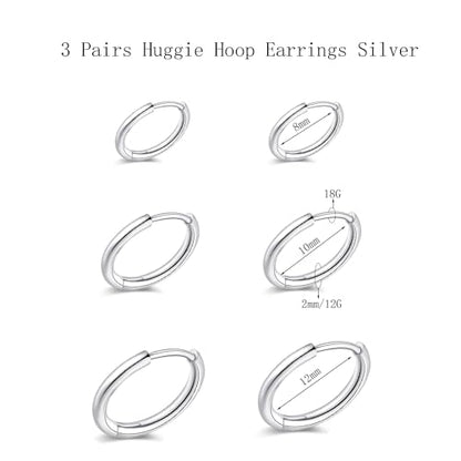 3 Pairs Huggie Hoop Earrings,Cartilage Hoop Earring Cubic Zirconia Cuff Surgical Stainless Steel Earrings - color: Silver Hoop