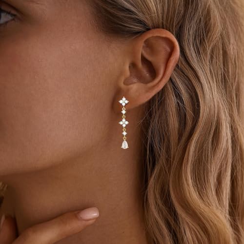 Dangle Earrings for Women, Formal Teardrop Drop Earrings Dainty Wedding Bridal Dangling Earrings 14k Gold Plated Long Gold Earrings for Women Trendy Hypoallergenic Waterproof Prom Jewelry - color: Gold-Clover