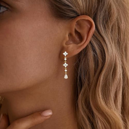 Dangle Earrings for Women, Formal Teardrop Drop Earrings Dainty Wedding Bridal Dangling Earrings 14k Gold Plated Long Gold Earrings for Women Trendy Hypoallergenic Waterproof Prom Jewelry - color: Gold-Clover