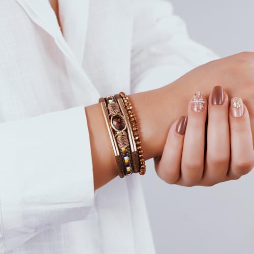 Boho Leather Wrap Bracelets Beaded Stackable Cuff Bracelet Country Concert Outfits Cowboy Cowgirl Western Jewelry Gifts for Women - color: Crystal-Brown