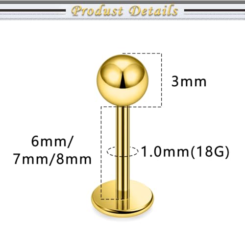Internally Threaded Labret Studs 18G 16G 14G Surgical Steel Lip Piercing Jewelry with Claw Tool Monroe Snake Bite Jewelry Flat Back Barbell for Women Men Plus Piercing Ball Grabber Tool - color: goldtone, size: 18g,ball+spike end