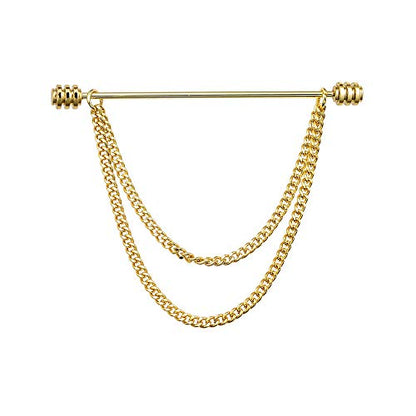 Men's Gold Plated Brass Collar Bar with Double Hanging Chain Tassel Shirt Tie Bar Collar Brooch - color: Gold Ridged Head