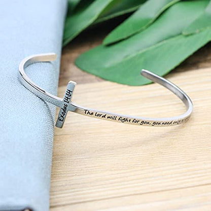 𝐂𝐫𝐨𝐬𝐬 𝐁𝐫𝐚𝐜𝐞𝐥𝐞𝐭 Religious Cuff Bangle 𝐁𝐢𝐛𝐥𝐞 𝐕𝐞𝐫𝐬𝐞 Christian Gifts Jewelry for 𝐖𝐨𝐦𝐞𝐧 - style: Silver cuff-The lord will fight for you, you need only to be still -Exodus 14:14