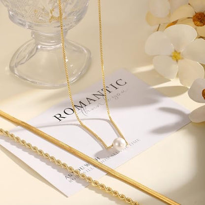 Layered Gold Necklace Set for Women Dainty Waterproof Cute Choker | 14K Gold Plated Minimalist Non Tarnish Lightweight CZ Pendant Pearl Twist Paperclip Chain Jewelry Gifts - style: 3PCS-Snake chain + Pearl-GD