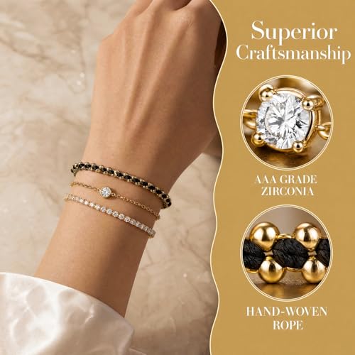 14K Gold Plated Bracelets for Women 2 Pcs Set - Red String & Cubic Zirconia Tennis Bracelet, Layered Stackable Adjustable Wristbands, Hypoallergenic Handmade Jewelry Gifts for Mom Wife Her - color: black
