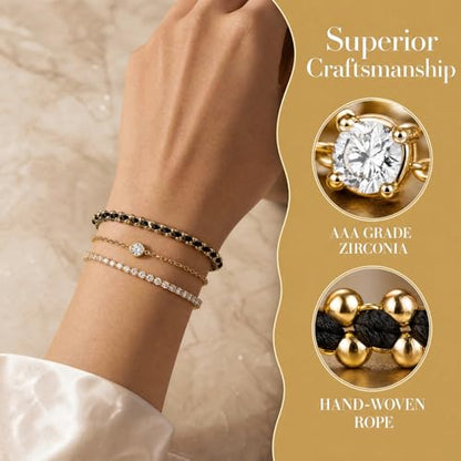 14K Gold Plated Bracelets for Women 2 Pcs Set - Red String & Cubic Zirconia Tennis Bracelet, Layered Stackable Adjustable Wristbands, Hypoallergenic Handmade Jewelry Gifts for Mom Wife Her - color: black