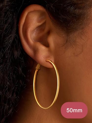 FOCALOOK 14K Gold Plated Lightweight Large Hoops| 2mm Thin Hoop Earrings for Women 30/40/50/70/100mm - color: 01.Gold, size: 50mm