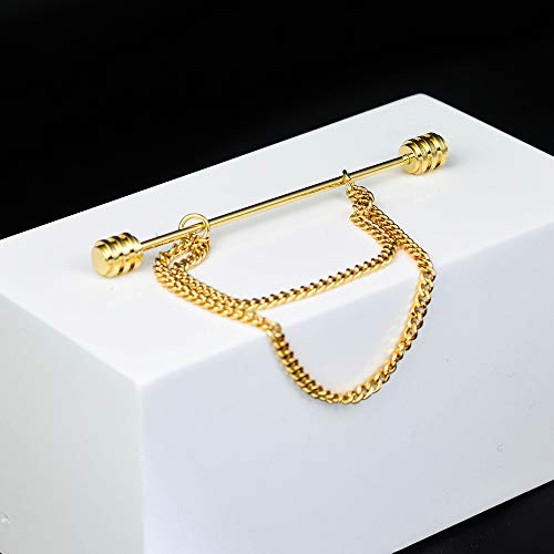 Men's Gold Plated Brass Collar Bar with Double Hanging Chain Tassel Shirt Tie Bar Collar Brooch - color: Gold Ridged Head