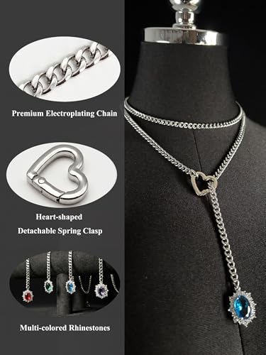 Women's Heart O-Ring Slip Chain Necklace, Double Layered Adjustable 39'' Cuban Chain with Detachable Heart Clasp and Colorful Rhinestone Pendant - color: 39'' Silver-Ocean Blue