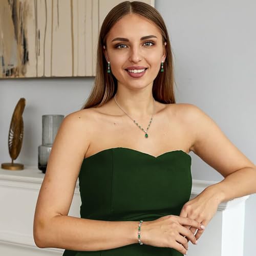 Teardrop Marquise Cubic Zirconia Wedding Prom Jewelry Set for Women Bridal | Silver/Gold/Rose Gold Plated, Pear Cut Pendant Necklace Drop Earrings Link Bracelet, for Bride Bridesmaid, for Banquet Party - style: B_Three Set, Green Silver-Tone (Teardrop)