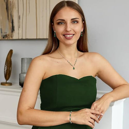 Teardrop Marquise Cubic Zirconia Wedding Prom Jewelry Set for Women Bridal | Silver/Gold/Rose Gold Plated, Pear Cut Pendant Necklace Drop Earrings Link Bracelet, for Bride Bridesmaid, for Banquet Party - style: B_Three Set, Green Silver-Tone (Teardrop)