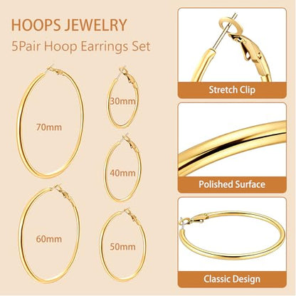 5/8 Pairs Gold Silver Hoop Earrings for Women Stainless Steel Jewelry Set | 30 40 50 60 70 mm, 14K Gold Plated Stainless Steel, Hypoallergenic, Lightweight, Thin, Small Medium Large Dangle - color: 5 Pair/Gold (30/40/50/60/70mm)