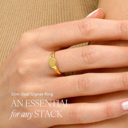 Gold Pinky Signet Rings for Women Men, Stackable Dainty Oval Heart Ring, Non-Tarnish Waterproof 18K Gold Plated Stainless Steel Size 3-11 - style: Slim Oval Signet Ring