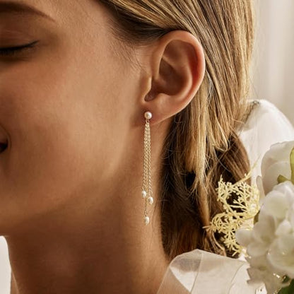 Gold Earrings for Women, 14K Gold Plated Tassel Dangle Earrings for Women Trendy Hypoallergenic Long Chain Earring Dainty Pearl Drop Earrings Elegant Wedding Earring Fashion Jewelry for Womens - color: Pearl&Style 1