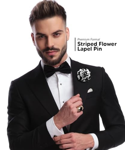 Premium Men's Formal Striped Flower Lapel Pin - Boutonniere for Men, Flower Brooch Pin - color: Black/White