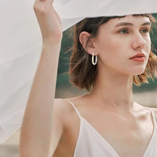 Small Sterling Silver Gold Hoop Earrings Oval Grooved Two Tone Hoops Earrings for Women - color: Gold Hoop Earrings
