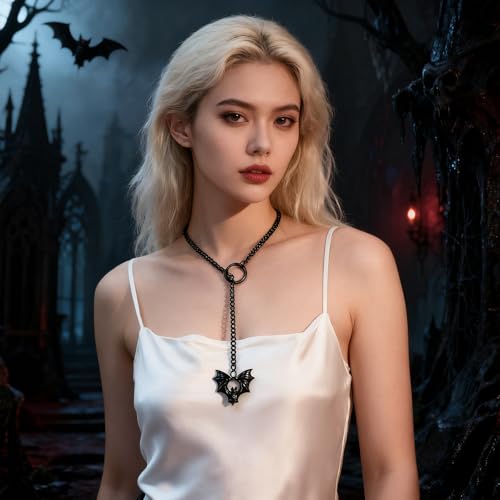 Slip Chain Necklace for Women Gothic Stainless Steel Bar Pendant Cuban Link Necklaces Adjustable Goth O Ring Long Necklaces Punk Rock Collar Choker Trendy Lariat Y Necklace - color: Black bat