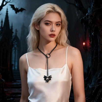 Slip Chain Necklace for Women Gothic Stainless Steel Bar Pendant Cuban Link Necklaces Adjustable Goth O Ring Long Necklaces Punk Rock Collar Choker Trendy Lariat Y Necklace - color: Black bat