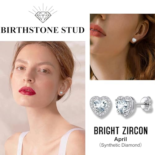 Bestyle Sparkling 925 Sterling Silver Birthstone Stud Earrings for Women, Heart/Round/Teardrop/Square Solitaire Diamond Studs Earrings, Great Birthday/Christmas Gifts - style: 04. White Diamond-April-heart