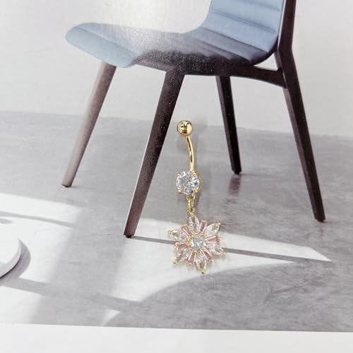 14G Dainty Rhinestone Flower Dangle Navel Ring for Women Fashion Statement Snowflake Crystal Drop Belly Button Rings Sparkly CZ Barbell Stud Sexy Body Piercing Jewelry - color: Gold