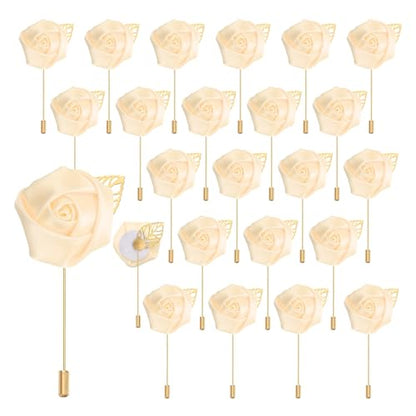 uxcell 24pcs Light Yellow Rose Boutonnieres Flower Pins for Wedding | Buttonholes Pocket Boutonnieres for Wedding Ceremony Anniversary Prom Formal Dinner Party - color: Light Yellow