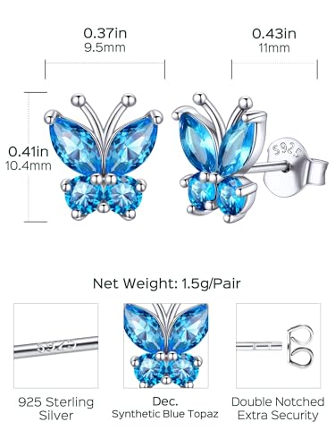 ChicSilver 925 Sterling Silver Bow/Butterfly Earrings for Women Hypoallergenic Birthstone Earrings Dainty Bow/Butterfly Jewelry Gift for Women - color: Butterfly-December-Blue Topaz