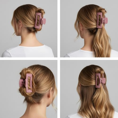 Claw Clips and Scrunchies Set 4pcs – 2 Medium Hair Clips, 2 Satin Scrunchies, Non-Slip Matte Square Hair Claws, Hair Accessories for Back to School, Birthday Gift, Daily Use, Dusty Pink - color: Dusty Pink