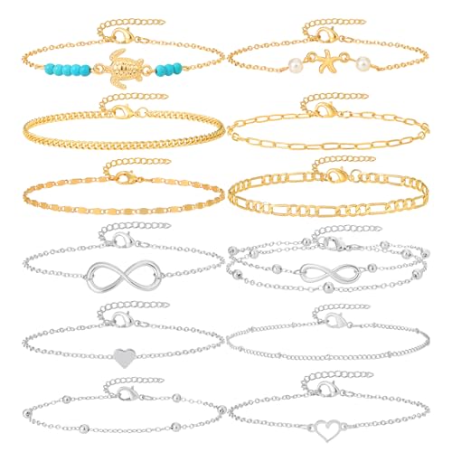 Starain 12Pcs Summer Beach Anklets for Women Waterproof Gold Silver Chain Ankle Bracelets Cute Women's Foot Anklet Set 7.9-10.5 inch Adjustable - color: 12Pcs Silver and Gold