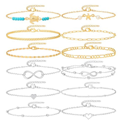 Starain 12Pcs Summer Beach Anklets for Women Waterproof Gold Silver Chain Ankle Bracelets Cute Women's Foot Anklet Set 7.9-10.5 inch Adjustable - color: 12Pcs Silver and Gold