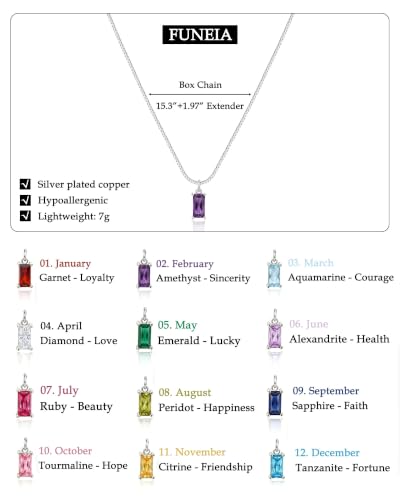 FUNEIA Diamond Necklaces for Women 14K Gold Plated Emerald Birthstone Necklace for Women Mothers Dainty Gold Necklace Blue Green Cubic Zirconia Pendant Necklace Birthday Gifts for Women Jewelry - color: 02. February(Amethyst)-Silver