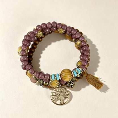 4Pcs Boho Vintage Caramel Tone Wooden Beaded Bracelet Set, Multi-Strand Tassel Stretch Turquoise Jewelry for Women