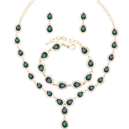 Austrian Crystal Rhinestone Necklace Dangle Earrings Link Bracelet Jewelry Set for Brides Bridesmaid Prom Costume Accessories for Women - color: Emerald-Gold Plated