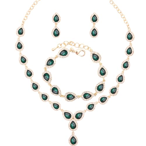 Austrian Crystal Rhinestone Necklace Dangle Earrings Link Bracelet Jewelry Set for Brides Bridesmaid Prom Costume Accessories for Women - color: Emerald-Gold Plated