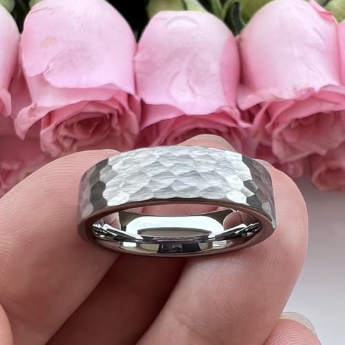 TUTISS 6mm 8mm Silver/Black/Gunmetal/Gold/Rose Gold Hammered Tungsten Rings for Men Women Couple Fashion Jewelry Engagement Wedding Bands Matte Finish Comfort Fit - color: 6mm Silver Tungsten
