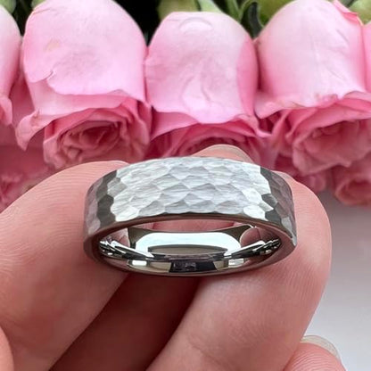TUTISS 6mm 8mm Silver/Black/Gunmetal/Gold/Rose Gold Hammered Tungsten Rings for Men Women Couple Fashion Jewelry Engagement Wedding Bands Matte Finish Comfort Fit - color: 6mm Silver Tungsten