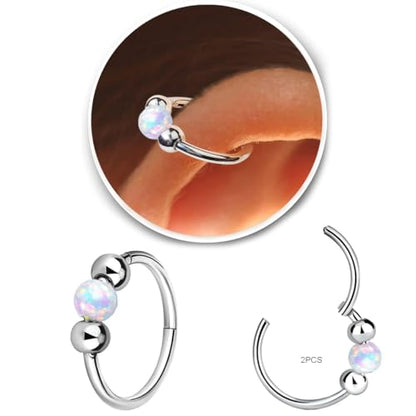 2 Pcs Small Cartilage Hoop Earrings for Women Men, 18G Opal Silver Earrings Hypoallergenic 316L Surgical Steel Hinge Huggie Hoop Earrings for Helix,Tragus,Conch,Rook,Earlobe Piercing Jewelry Nose Ring - style: 2Pcs 8mm White Opal/Silver