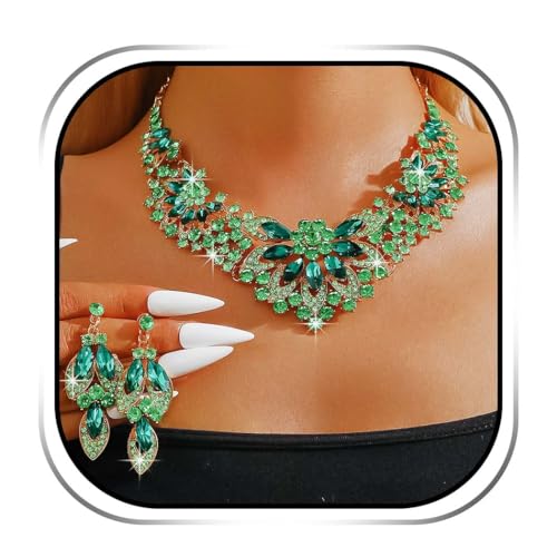 Yonamix Gold Jewelry Set Wedding Rhinestone Necklace Sets for Women | Formal Prom Dinner Party Gala Night Crystal Flower Necklaces Earrings - color: C Green