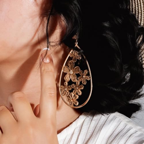 Boho Raffia Flower Teardrop Earrings Cute Colorful Dangle Trendy Jewelry | Floral Drop Statement Big Dangling Earring Hypoallergenic Gold Fun Unique Summer Spring Beach Vacation Outfits for Women - color: Bronze